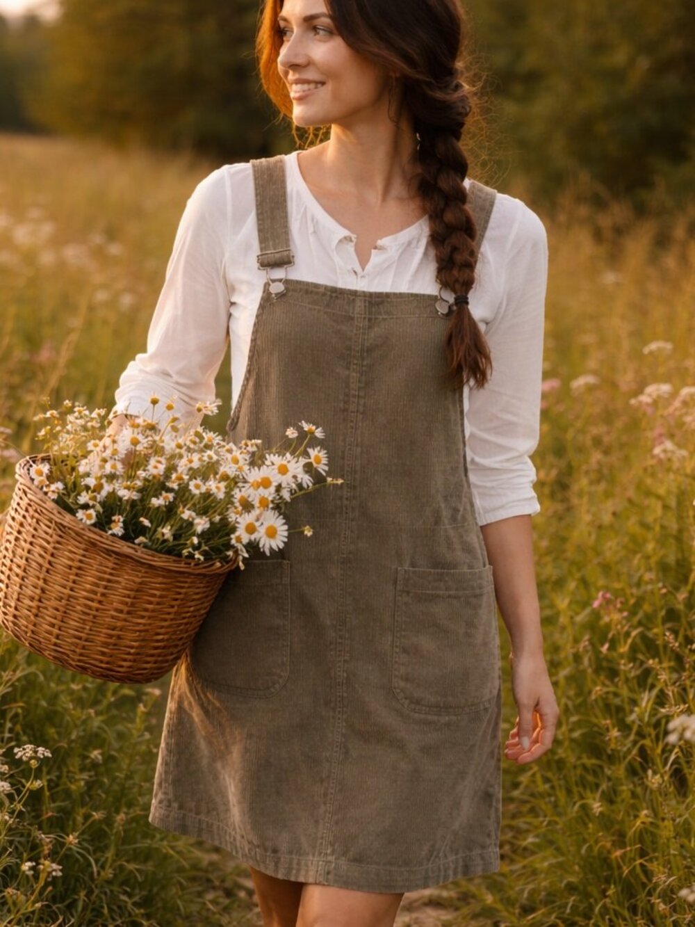 CHIC Jeanswear Khaki Green Corduroy Jumper Dress Pockets XL Knee Length